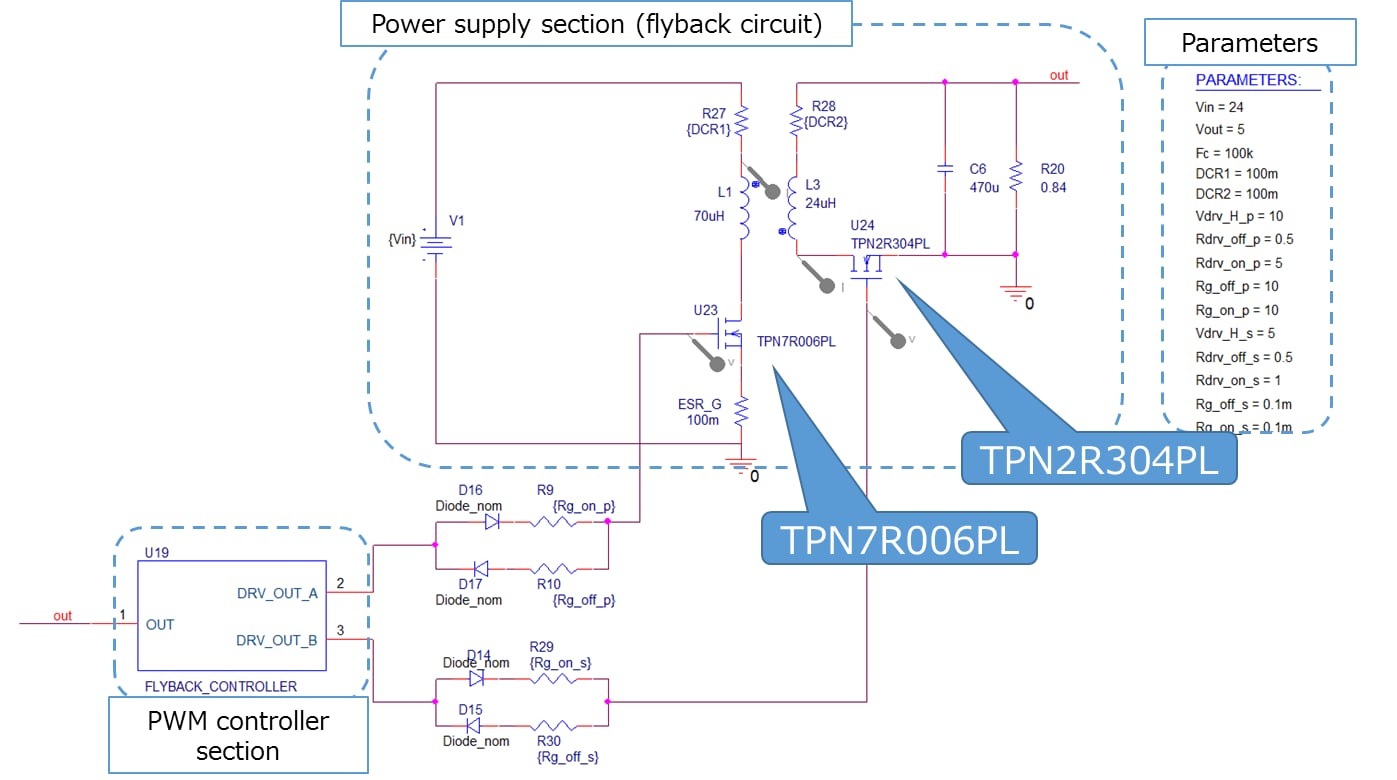 これは、Flyback方式DC-DC電源基本シミュレーション回路の回路図です。